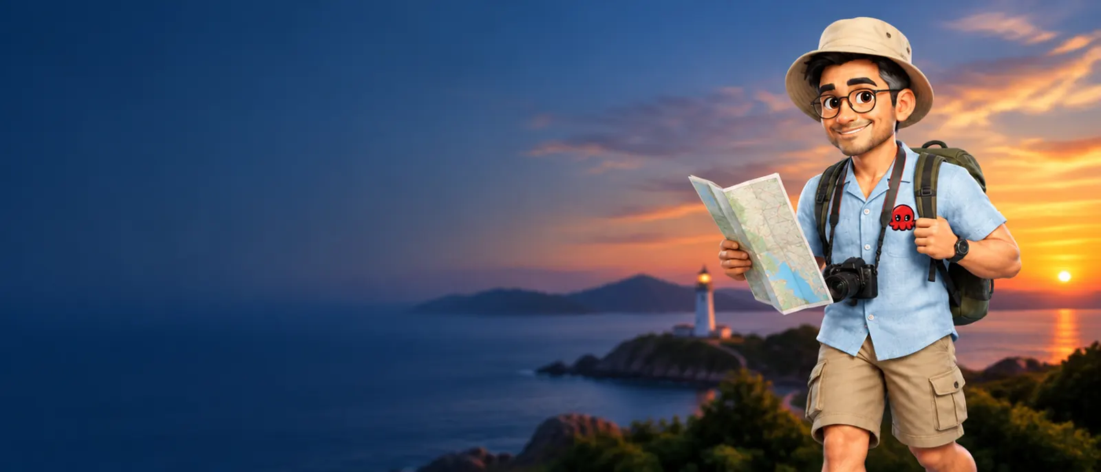 여행 분야 배경 속 큐레이터 보검 — 하늘색 린넨 셔츠, 카고 반바지, 버킷햇과 배낭. 지도는 아직도 종이가 좋아요.