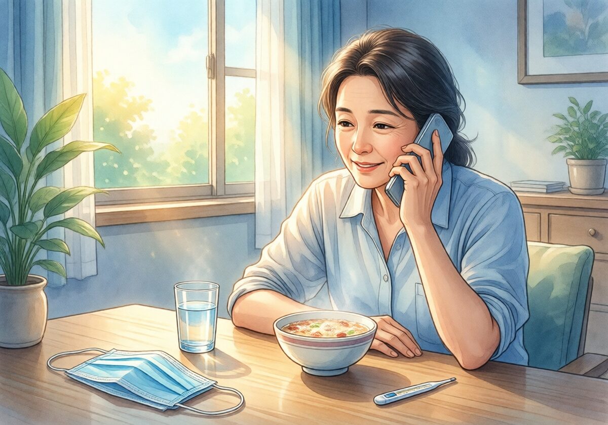 집에서 쉬면서 증상과 복용 정보를 의료진에게 전달하는 예시 일러스트
