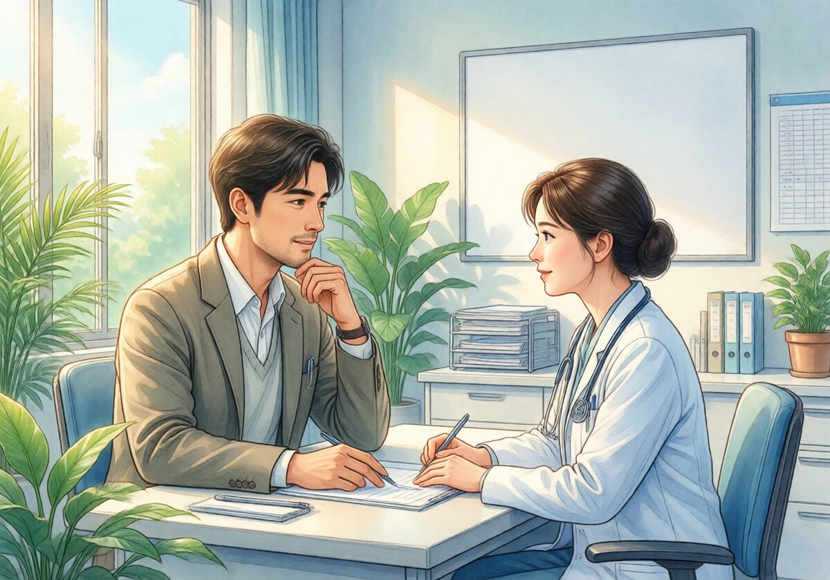 지질 검사와 기존 질환을 함께 상담하는 성인과 의료진의 예시 일러스트