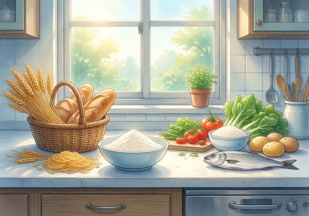밀가루 음식과 여러 식재료를 나란히 놓은 예시 일러스트