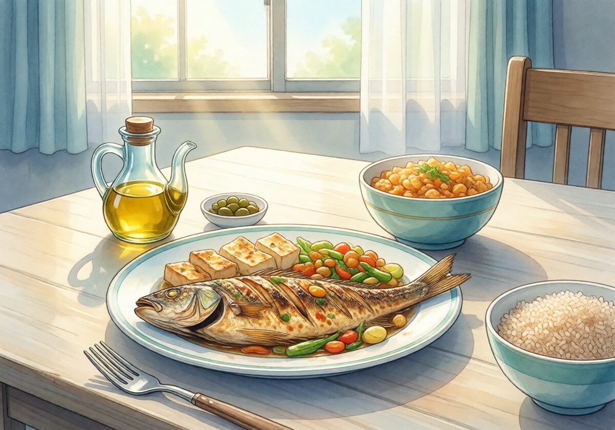 생선·두부·콩·채소·잡곡을 함께 놓은 식사 구성 예시 일러스트