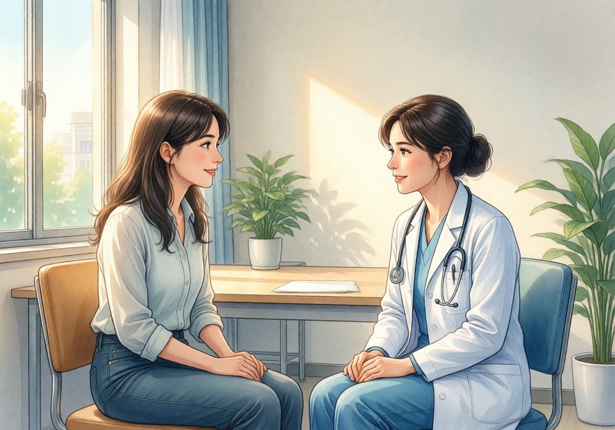 검사 결과를 함께 상담하는 성인과 의료진의 생활 예시 일러스트