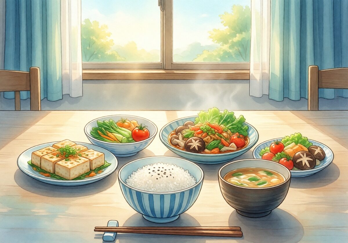 밥·두부·채소·국 등 여러 음식으로 구성한 식사 예시 일러스트이며 개인별 권장량을 나타내지 않습니다