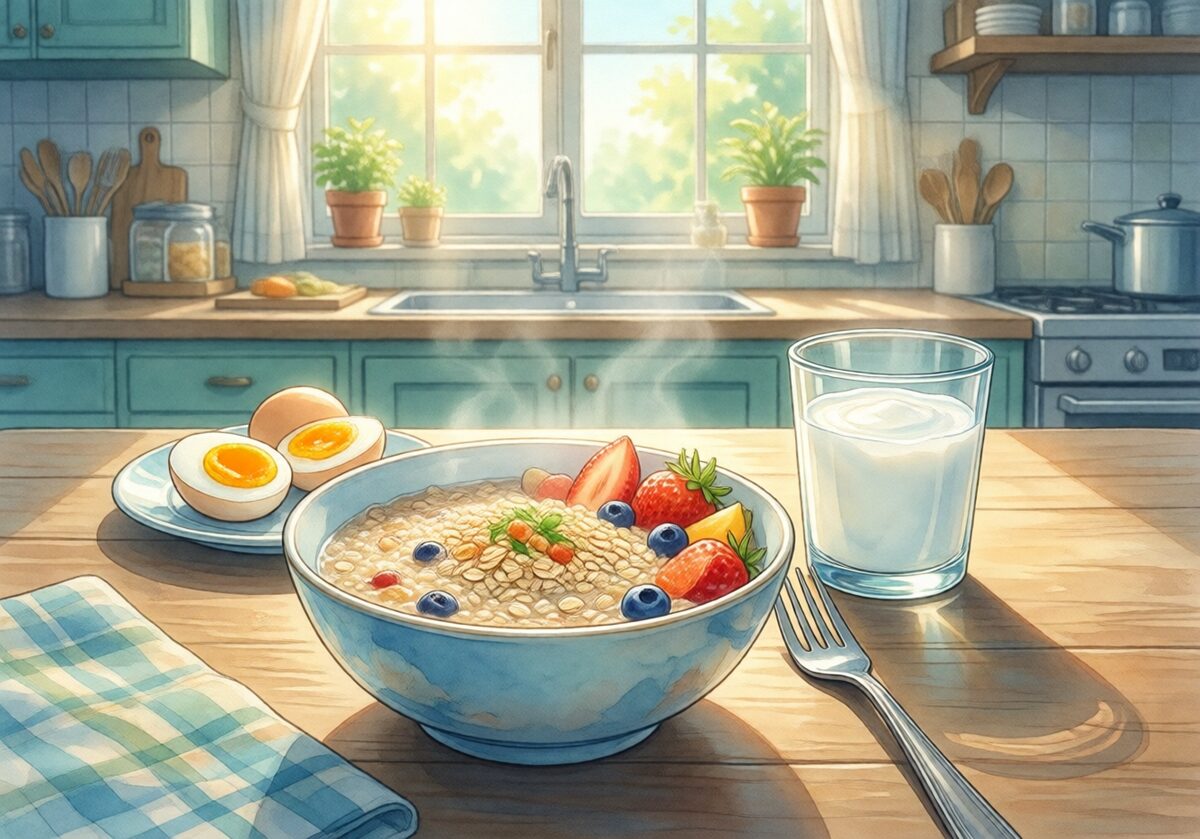 오트밀·과일·달걀·요구르트로 준비한 아침 식사 예시 일러스트이며 환자별 권장량이나 처방 메뉴가 아닙니다