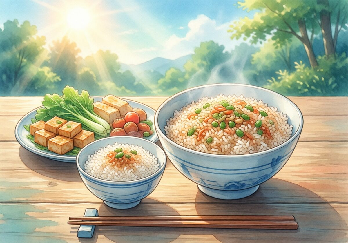 작은 밥그릇과 큰 밥그릇, 채소·두부를 비교하는 예시 일러스트
