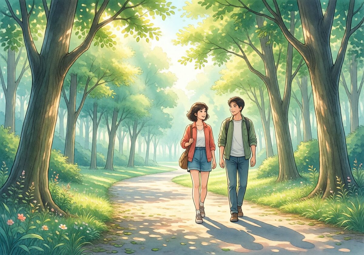 식후 가볍게 산책하는 성인들의 예시 일러스트