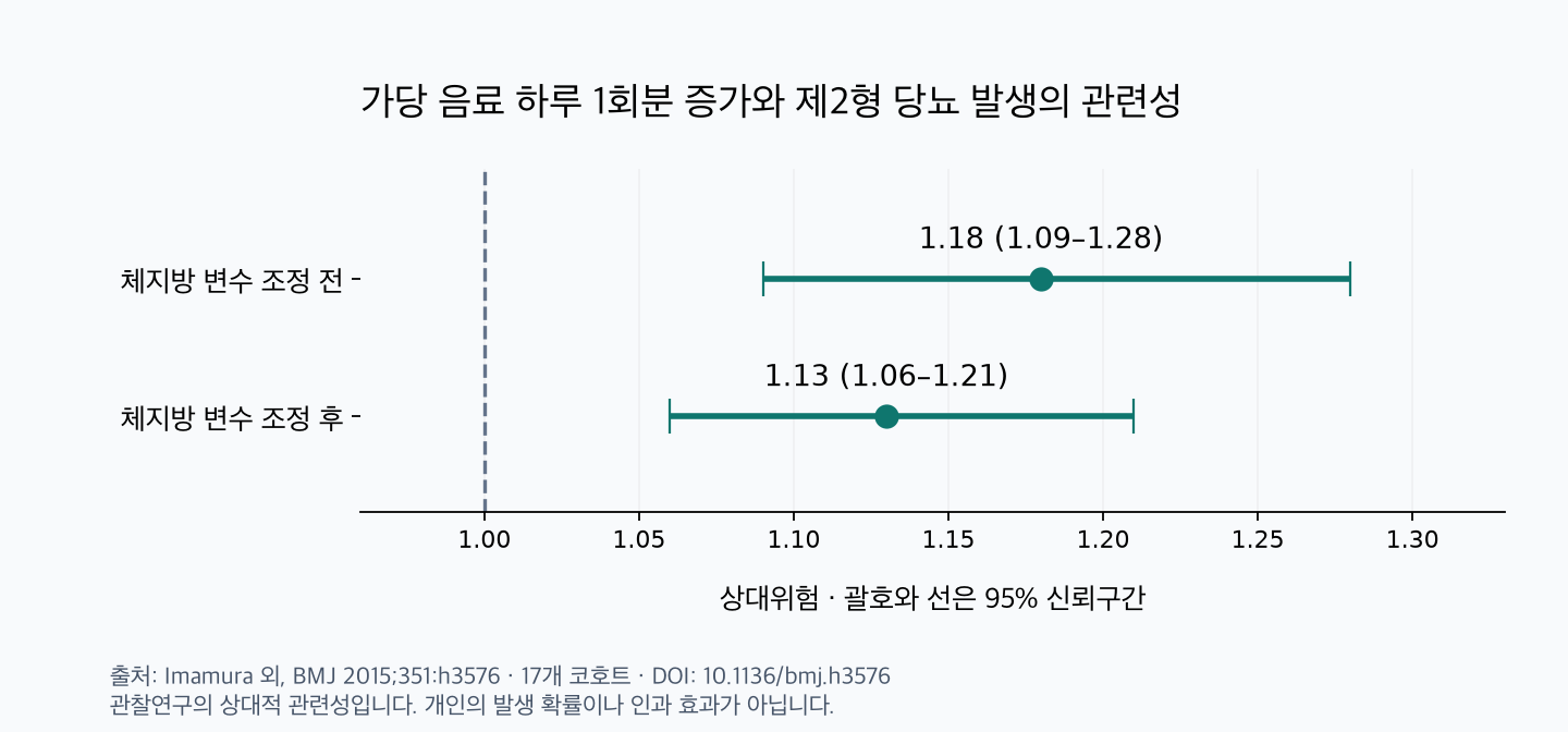 가당 음료 하루 1회분 증가와 제2형 당뇨 발생의 상대적 관련성, 체지방 조정 전후와 95% 신뢰구간